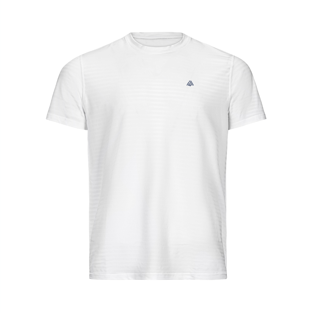 White m4 sports t-shirt with a small logo on a white background